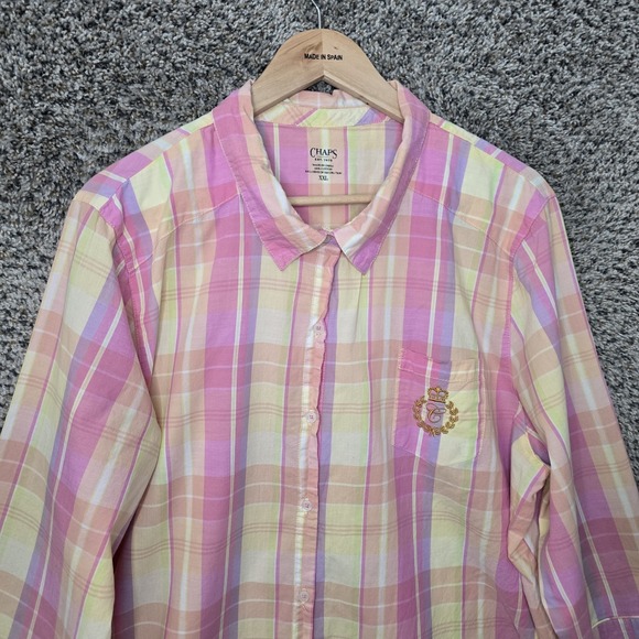 Chaps Sleep Shirt Womens XXL 2XL Pink Plaid Button Up Collared Cotton Lounge - Picture 4 of 7